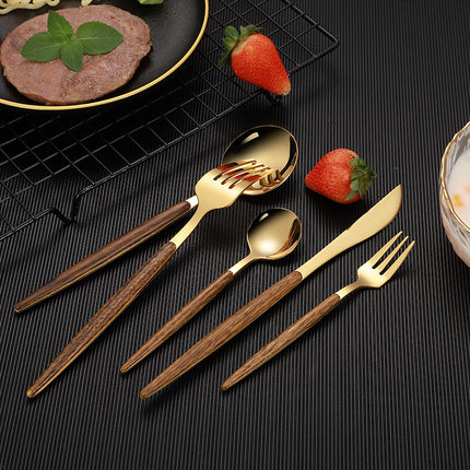Gold Stainless Steel Cutlery Set with Wood Handle – 5-Piece Set