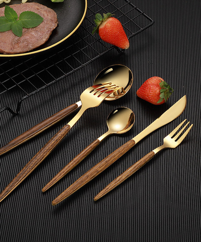 Gold Stainless Steel Cutlery Set with Wood Handle – 5-Piece Set