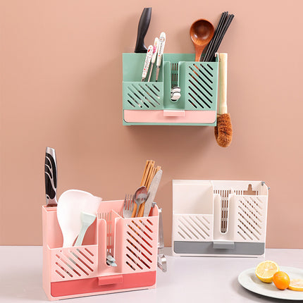 Punch-Free Kitchen Tableware Rack – Utensil Storage with Drip Tray | Dark Blue, Grey White, Pink, Green