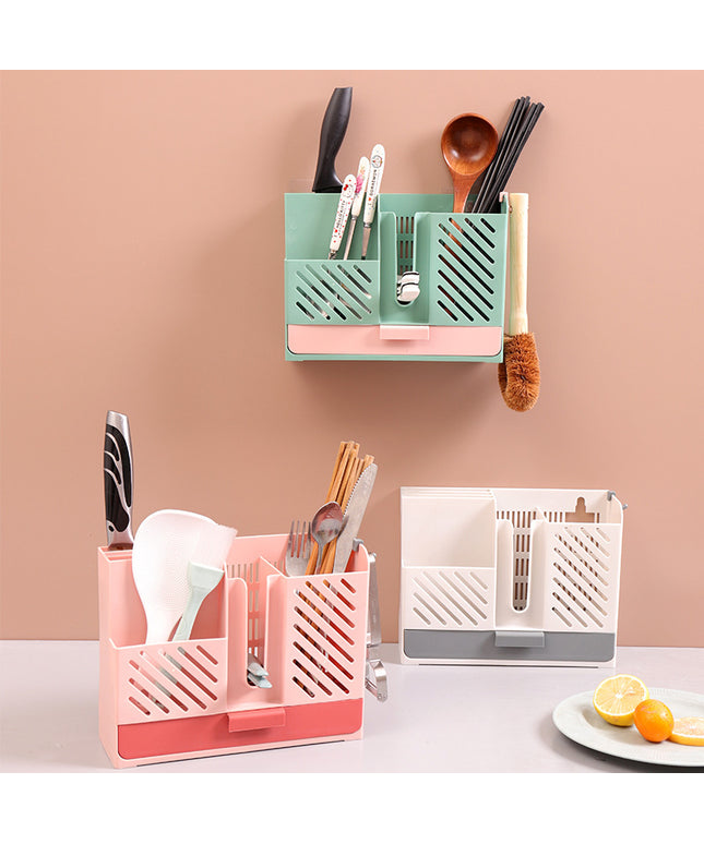 Punch-Free Kitchen Tableware Rack – Utensil Storage with Drip Tray | Dark Blue, Grey White, Pink, Green