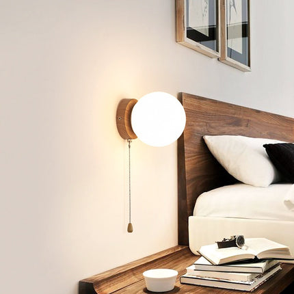 Nordic Spherical Wall Lamp – Iron Glass with Wood Grain Base, Pull Cord