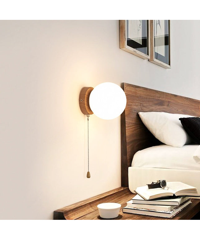 Nordic Spherical Wall Lamp – Iron Glass with Wood Grain Base, Pull Cord