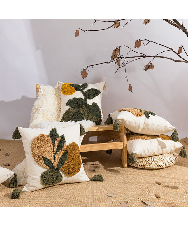 Embroidered Leaf Cushion Covers with Tassels