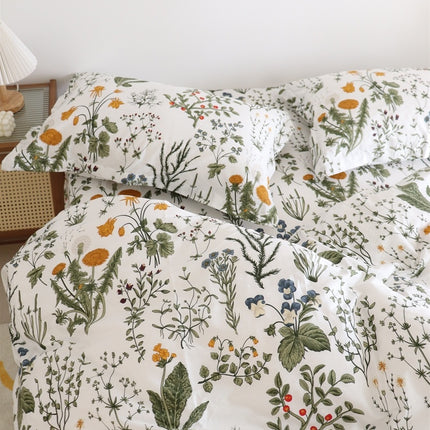 Pure Cotton Bed Sheet Set – Wildflower Dandelion Print in Yellow, Green & White (Single–Super King)
