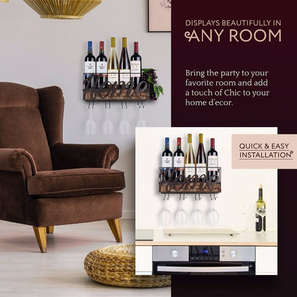 Wall-Mounted Metal Wine Rack – Black | Bottle, Glass & Cork Holder