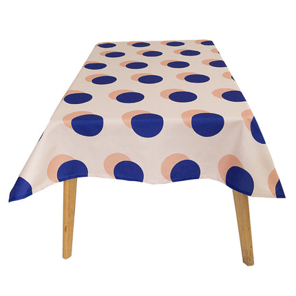 Waterproof Cotton Linen Tablecloth – Beige with Blue & Pink Circles, 4 Sizes