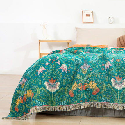 Reversible Cotton Blanket | Floral Tassel Sofa Throw