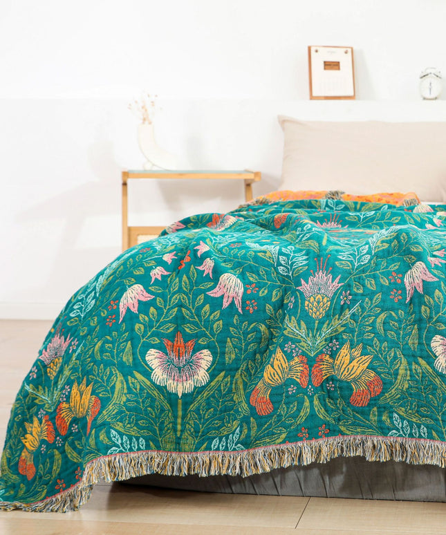 Reversible Cotton Blanket | Floral Tassel Sofa Throw