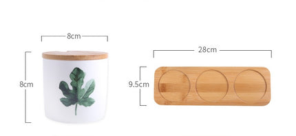 Ceramic Seasoning Jar Set 🌿 – White with Green Leaves, Wooden Lids & Tray