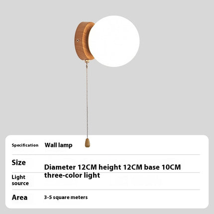 Nordic Spherical Wall Lamp – Iron Glass with Wood Grain Base, Pull Cord