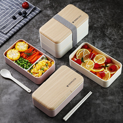Double Layer Lunch Box 🍱 – White or Black with Wood Effect Lid