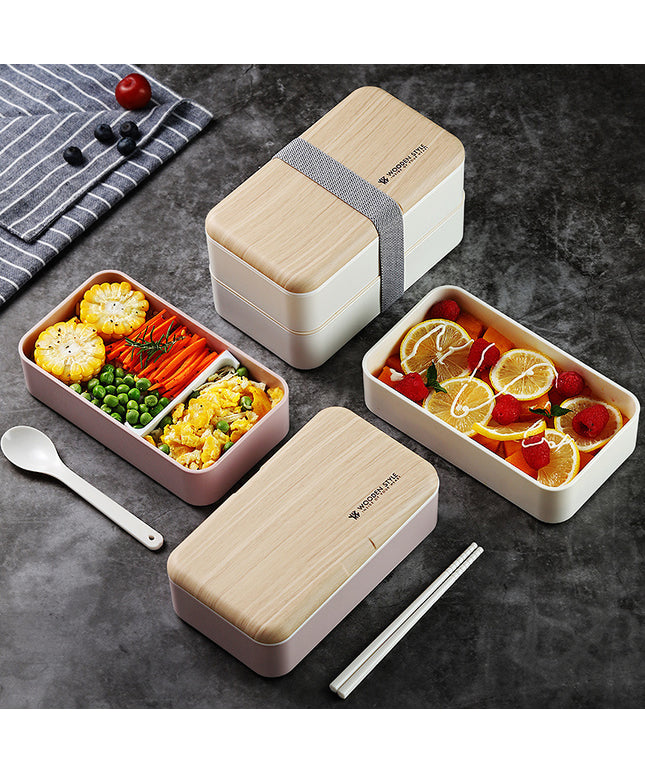 Double Layer Lunch Box 🍱 – White or Black with Wood Effect Lid