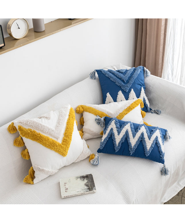 Colourful Moroccan-Style Geometric Tufted Embroidered Cushion – Blue or Yellow  🌟🧵