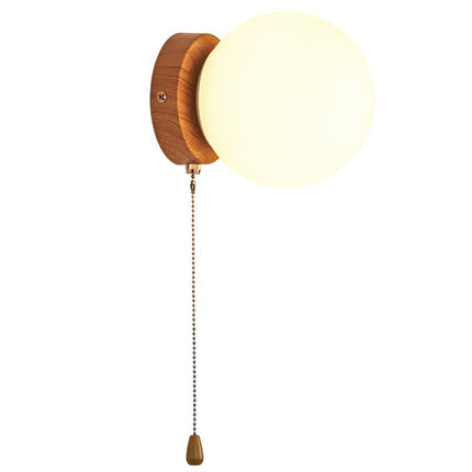 Nordic Spherical Wall Lamp – Iron Glass with Wood Grain Base, Pull Cord