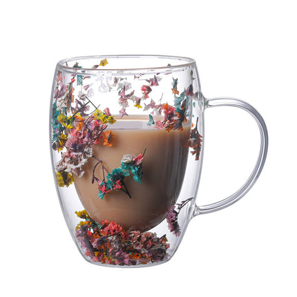 Real Flower Double Layer Glass Cup | Borosilicate Floral Mug