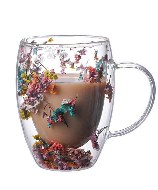 Real Flower Double Layer Glass Cup | Borosilicate Floral Mug