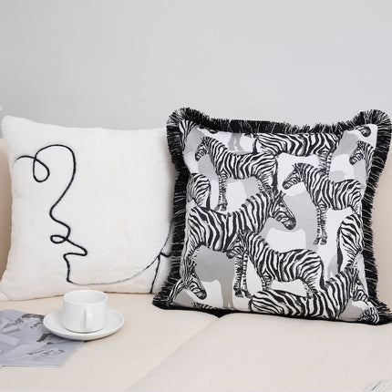 Luxury Zebra Embroidered Cushion Cover – Fringed 45x45cm Pillow Case