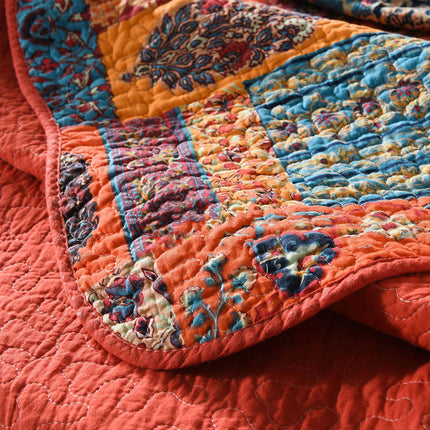 Cotton Summer Quilt in Red Boho Style + 2 Matching Pillowcases