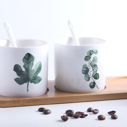 Ceramic Seasoning Jar Set 🌿 – White with Green Leaves, Wooden Lids & Tray