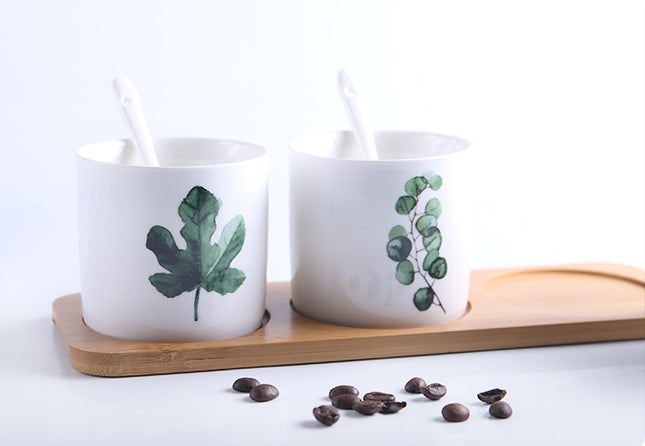 Ceramic Seasoning Jar Set 🌿 – White with Green Leaves, Wooden Lids & Tray