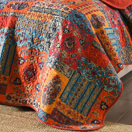 Cotton Summer Quilt in Red Boho Style + 2 Matching Pillowcases