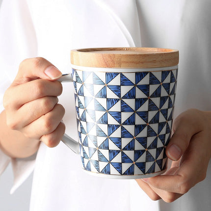 Scandinavian Ceramic Mug with Wooden Lid | Geometric Coffee Cup