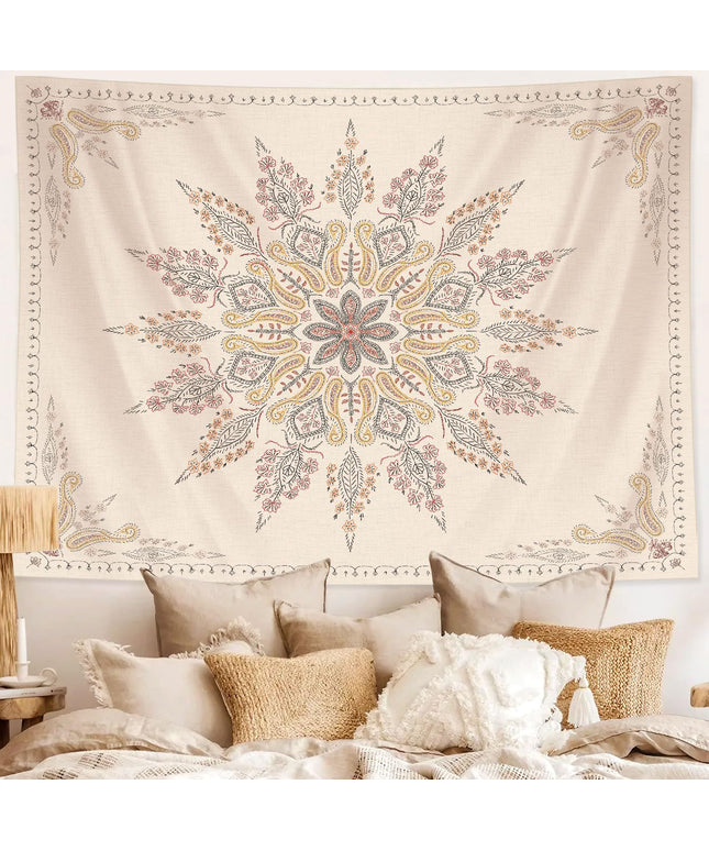 Boho Mandala Tapestry | Beige Floral Wall Hanging