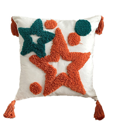 Nordic-Inspired Bohemian Tufted Cushion – Grey and Yellow Geometric Design