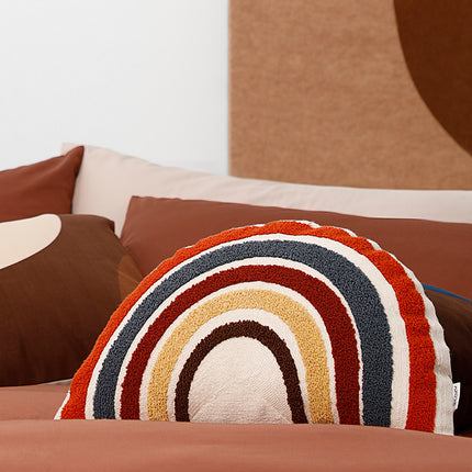 Rainbow Shaped Embroidered Backrest Pillow | Grey, Pink & Orange