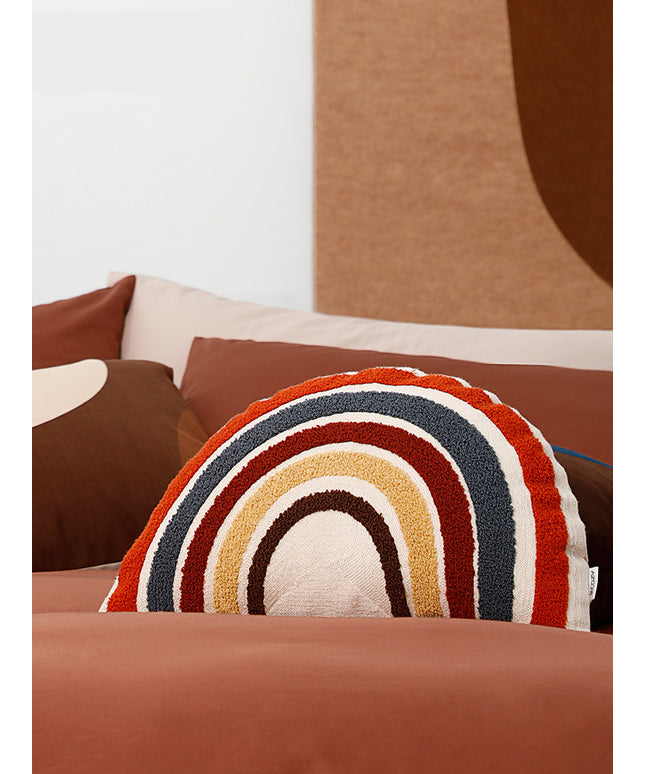 Rainbow Shaped Embroidered Backrest Pillow | Grey, Pink & Orange