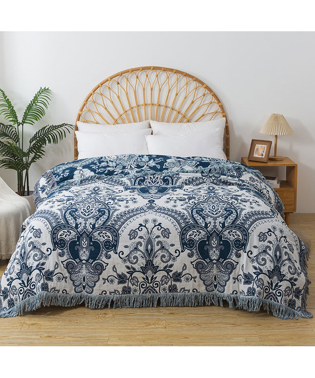 Blue Paisley Cotton Throw | Tassel Blanket