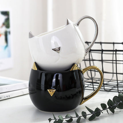 Cat Head Mug 🐱 – Black and Gold or White and Silver
