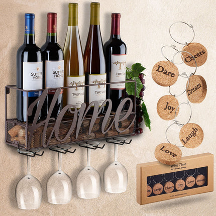 Wall-Mounted Metal Wine Rack – Black | Bottle, Glass & Cork Holder