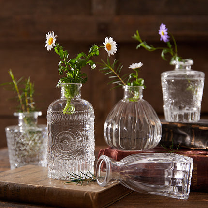 Vintage Embossed Glass Vase Set | Mini Tabletop Bud Vases