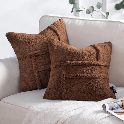 Lamb Wool Fleece Double-Sided Cushion Cover – Red, Brown & Cream | 50x50, 60x60, 65x65cm