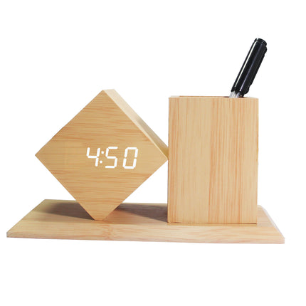 Wooden LED Pen Holder Clock – Desk Organiser with Alarm & Voice Activation