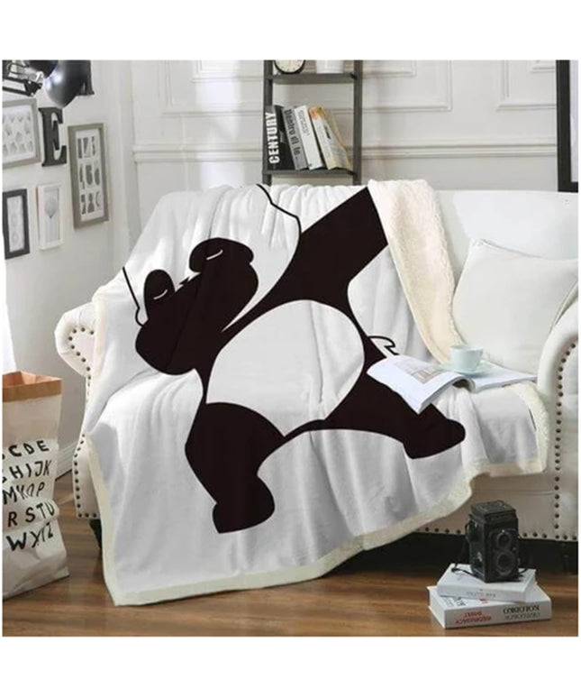 Coral Fleece Dab Panda Blanket – Black & White, Double-Sided, 5 Sizes
