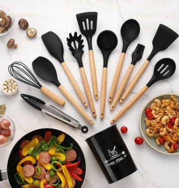 Silicone Kitchen Utensil Set | Wooden Handle Cooking Tools