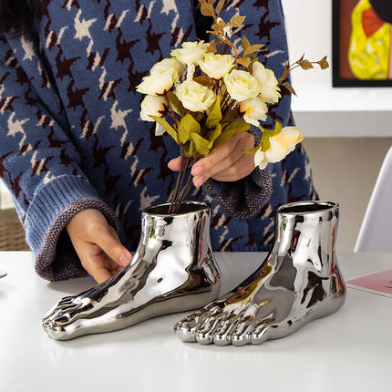 Abstract Ceramic Foot Vase – Gold & Silver Luxury Accent