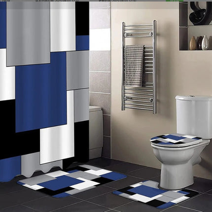 Colour Block Shower Curtain Set | Blue, Black & Grey Luxury Bathroom – Ikeame