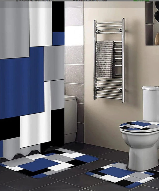 Colour Block Shower Curtain Set | Blue, Black & Grey Luxury Bathroom – Ikeame
