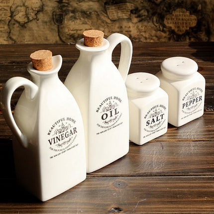 Country Style Ceramic Seasoning Set 🌾 – 4-Piece Set: Oil, Vinegar, Salt & Pepper