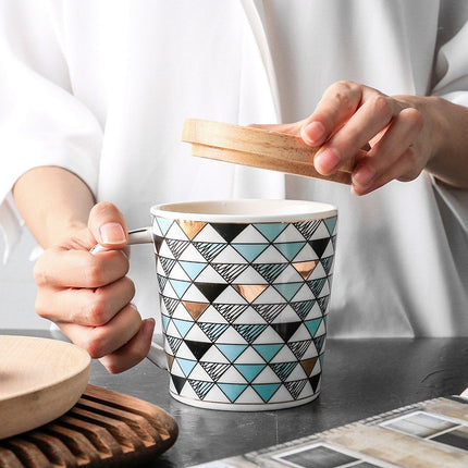 Scandinavian Ceramic Mug with Wooden Lid | Geometric Coffee Cup