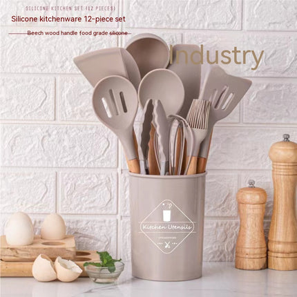 12 Piece Silicone Kitchen Utensil Set | Wooden Handle Kitchenware