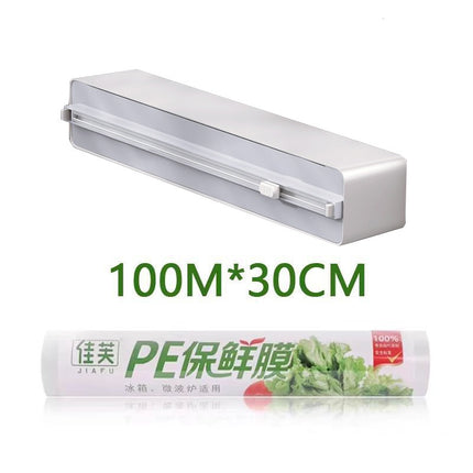 Magnetic Cling Film Cutter 📦 – Wall-Mounted, Grey/White or Wood/White + 100m Roll