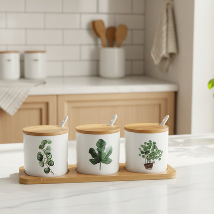 Ceramic Seasoning Jar Set 🌿 – White with Green Leaves, Wooden Lids & Tray