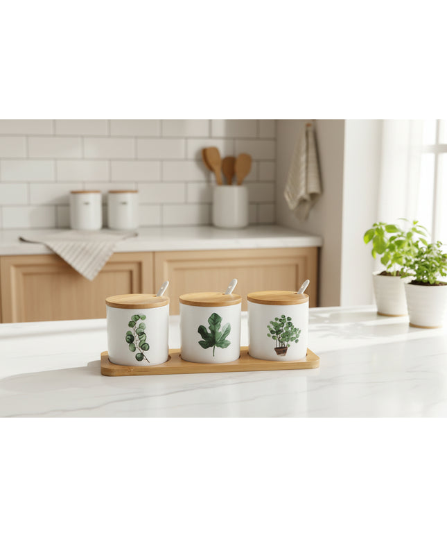 Ceramic Seasoning Jar Set 🌿 – White with Green Leaves, Wooden Lids & Tray