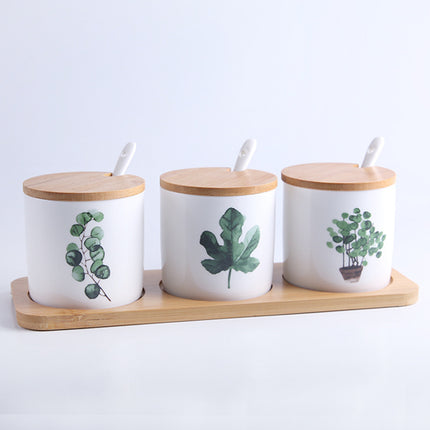 Ceramic Seasoning Jar Set 🌿 – White with Green Leaves, Wooden Lids & Tray