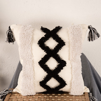Tufted Embroidered Diamond Cushion with Tassels – Rose Red on Beige ✨🧵