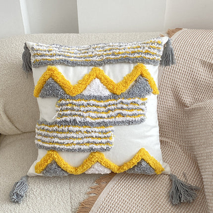 Nordic-Inspired Bohemian Tufted Cushion – Grey and Yellow Geometric Design